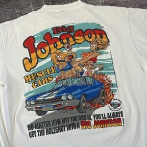 Men's Vintage 90's Big Johnson Muscle Cars White Graphic T Shirt Tee Sz XL (VTG)